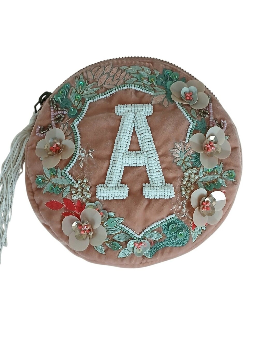 Anthropologie x Anna Harlow Russo Round Monogram A Crest Beaded Velvet Bag